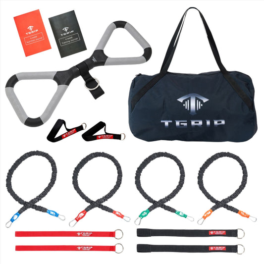 Tgrip Maxx Kit - portable cable pulley system with neutral-grip handle, resistance bands, and carry bag