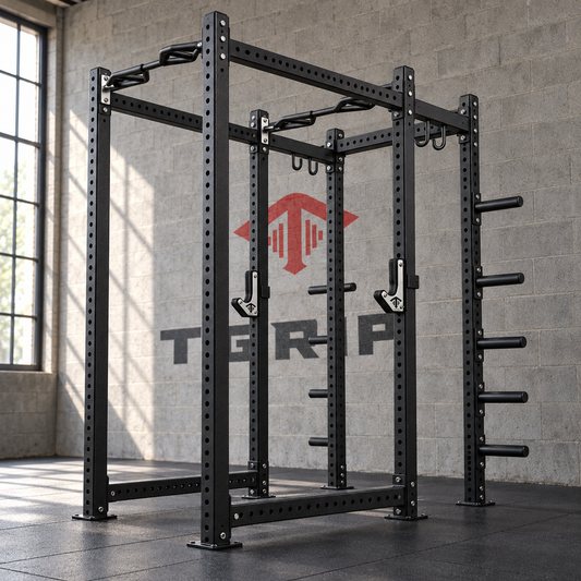 TGrip Commercial Full Power Rack - 3x3 Steel - Functional Multi-Grip Pull-Up - Plate Storage - J-Hooks