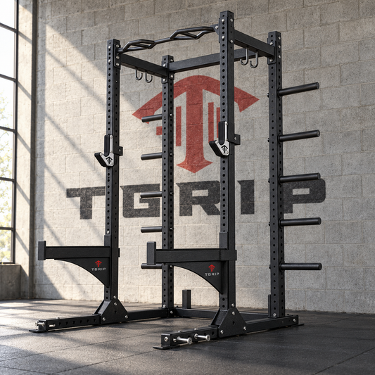 TGrip Commercial Half Rack - 3x3 Steel - Functional Multi-Grip Pull-Up - Bar & Plate Storage - J-Hooks