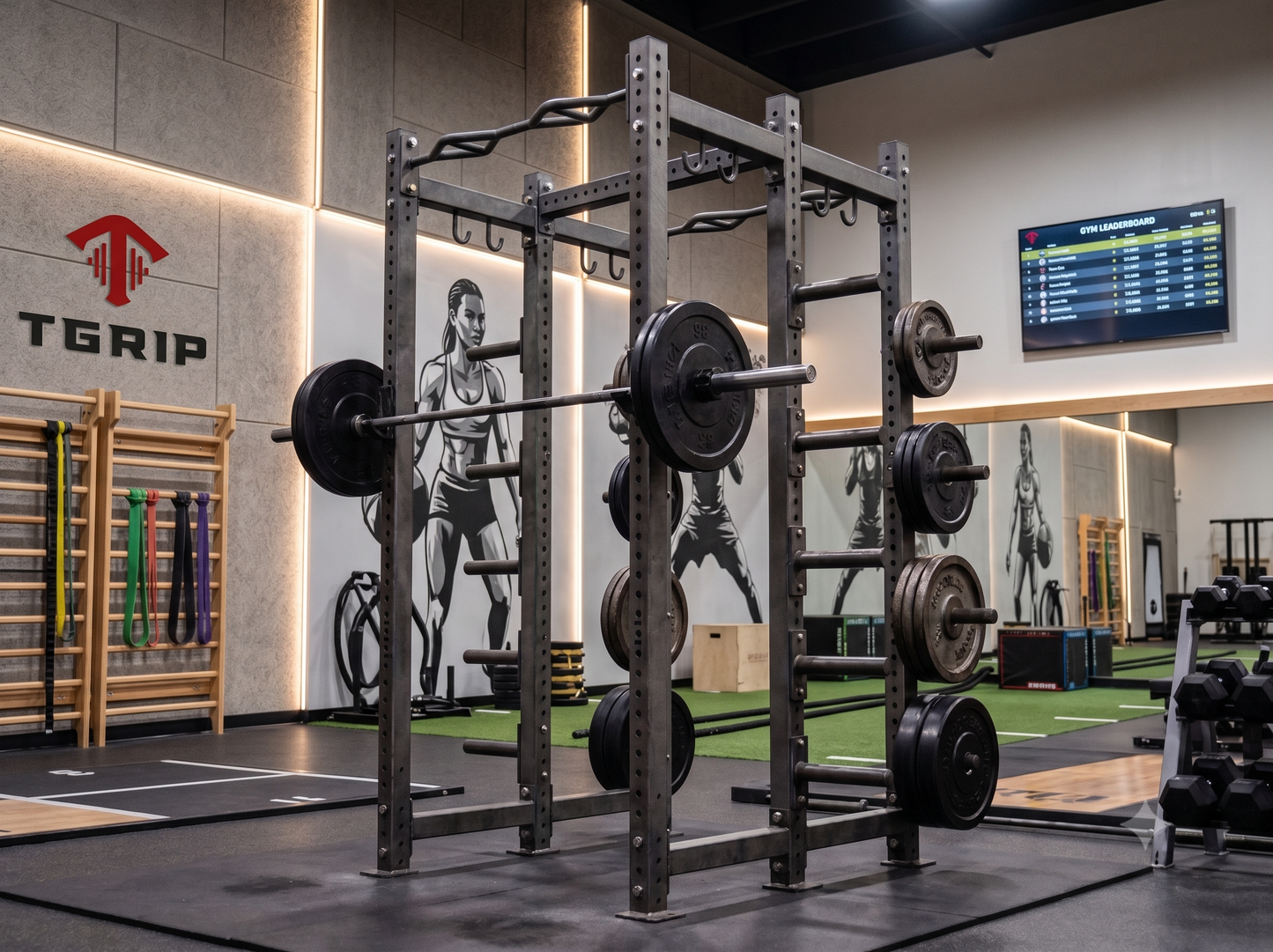 TGrip Commercial Double Half Rack - 3x3 Steel - Functional Multi-Grip Pull-Up - Integrated Plate Storage - J-Hooks