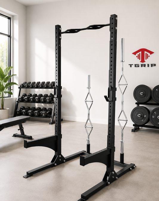A black T6 Grip power rack squat cage with silver steel pull-up bars and a barbell rack attachment, shown in a clean, modern home gym setting with dumbbells and weight plates in the background.