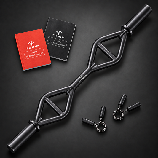 Tgrip Shorty ergonomic multi-grip bar with two spring collars, training journal, and nutrition journal